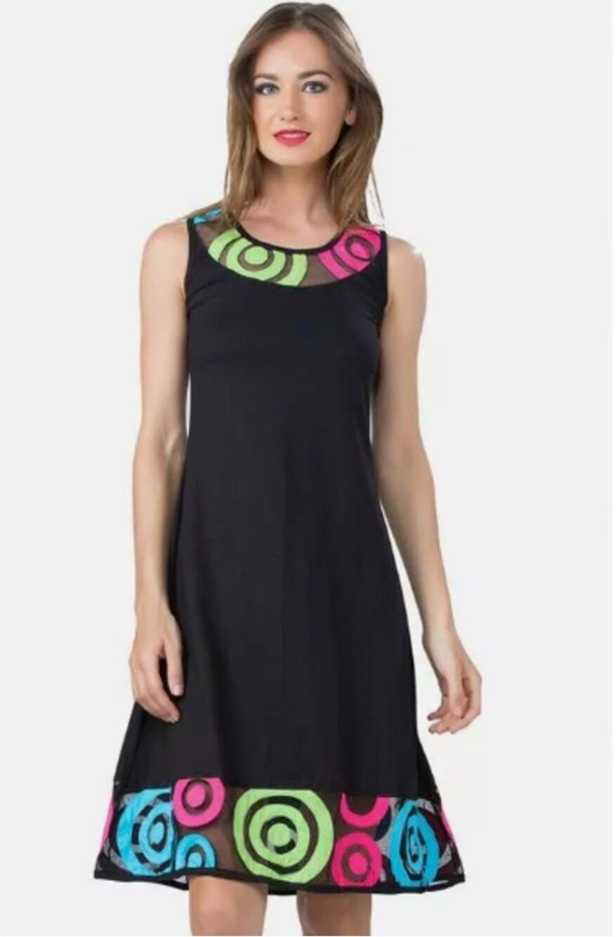 Pygmees Dress Women's SZ L Black Multicolor Circles Sleeveless Tank Boho Artsy
